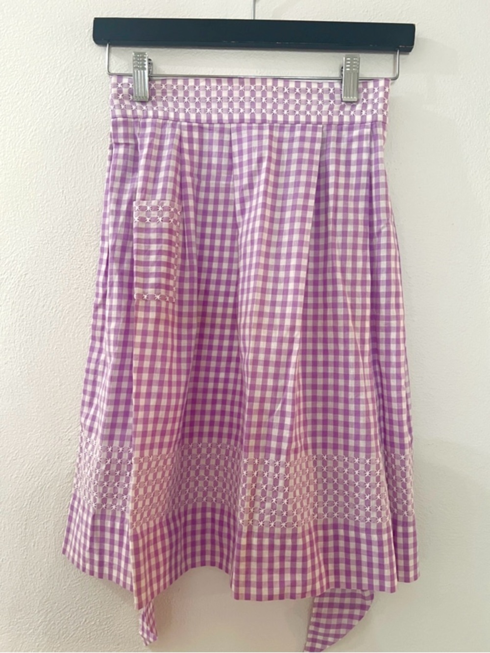 Vintage Lavender Gingham Handmade Apron with front pocket & cross stitch design